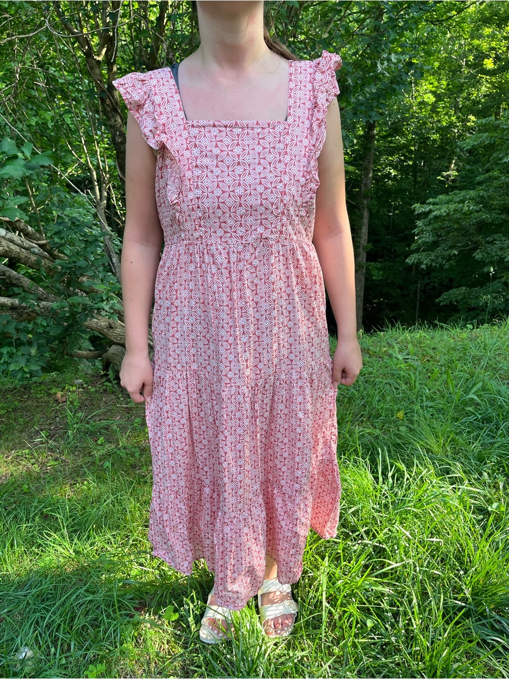 Smocked Pink Floral Midi Dress with Square Neck